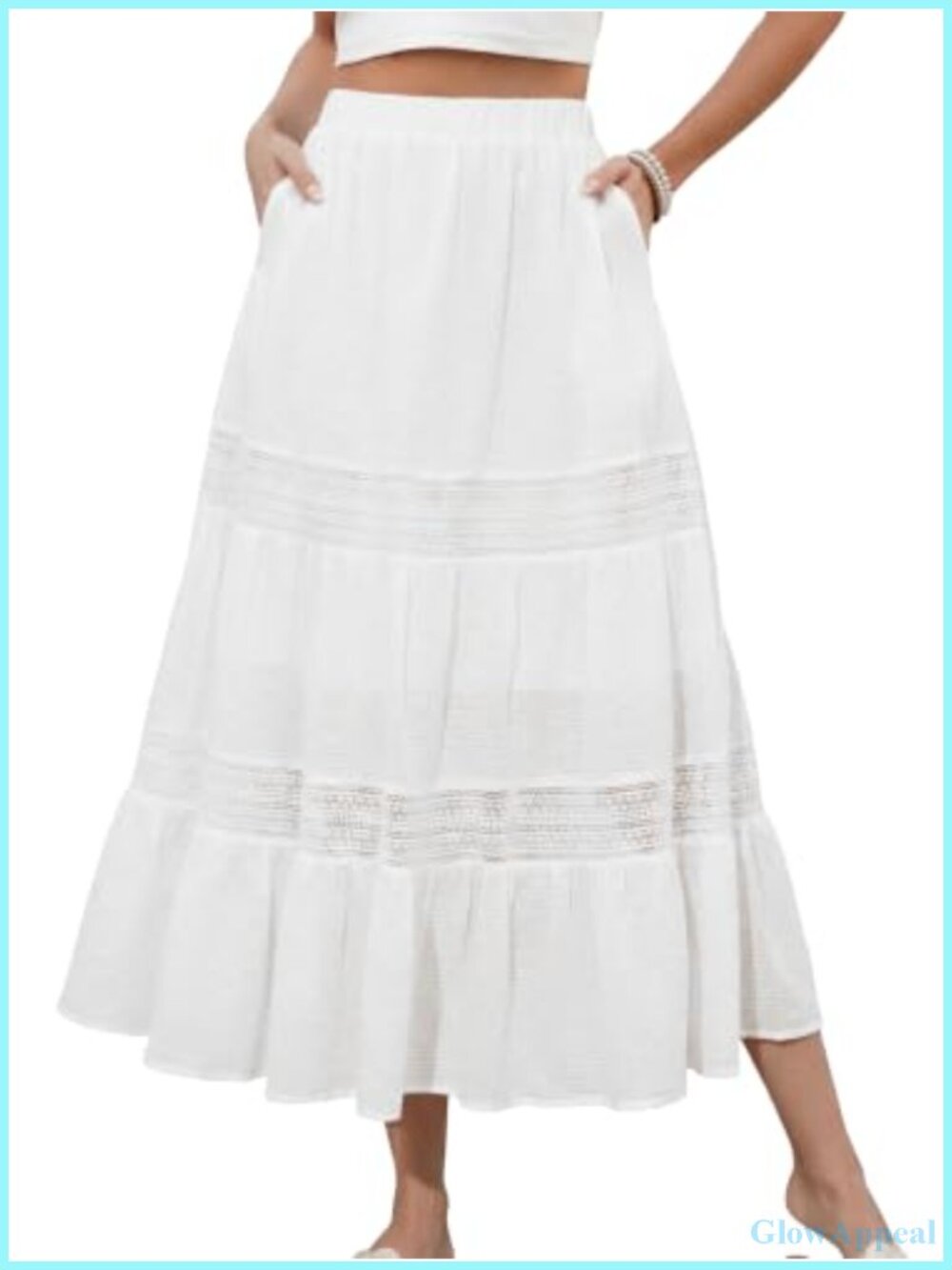 High Waisted A-Line Maxi Skirt with Pockets, Tiered Cotton Blend, Flowy Boho